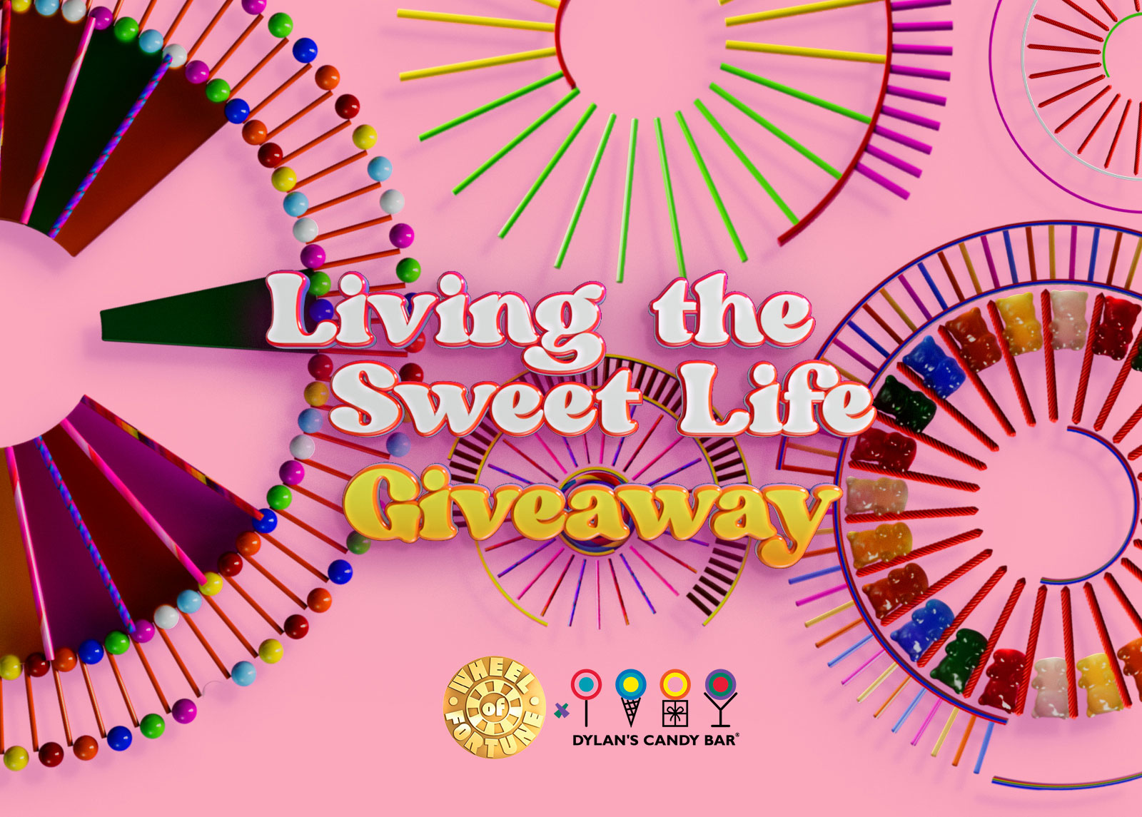 Living the Sweet Life Giveaway - Wheel logo Dylan's Candy Bar logo.  Pink wheel candy background. 