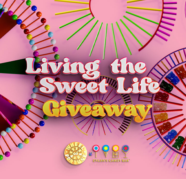 Living the Sweet Life Giveaway - Wheel logo Dylan's Candy Bar logo.  Pink wheel candy background. 
