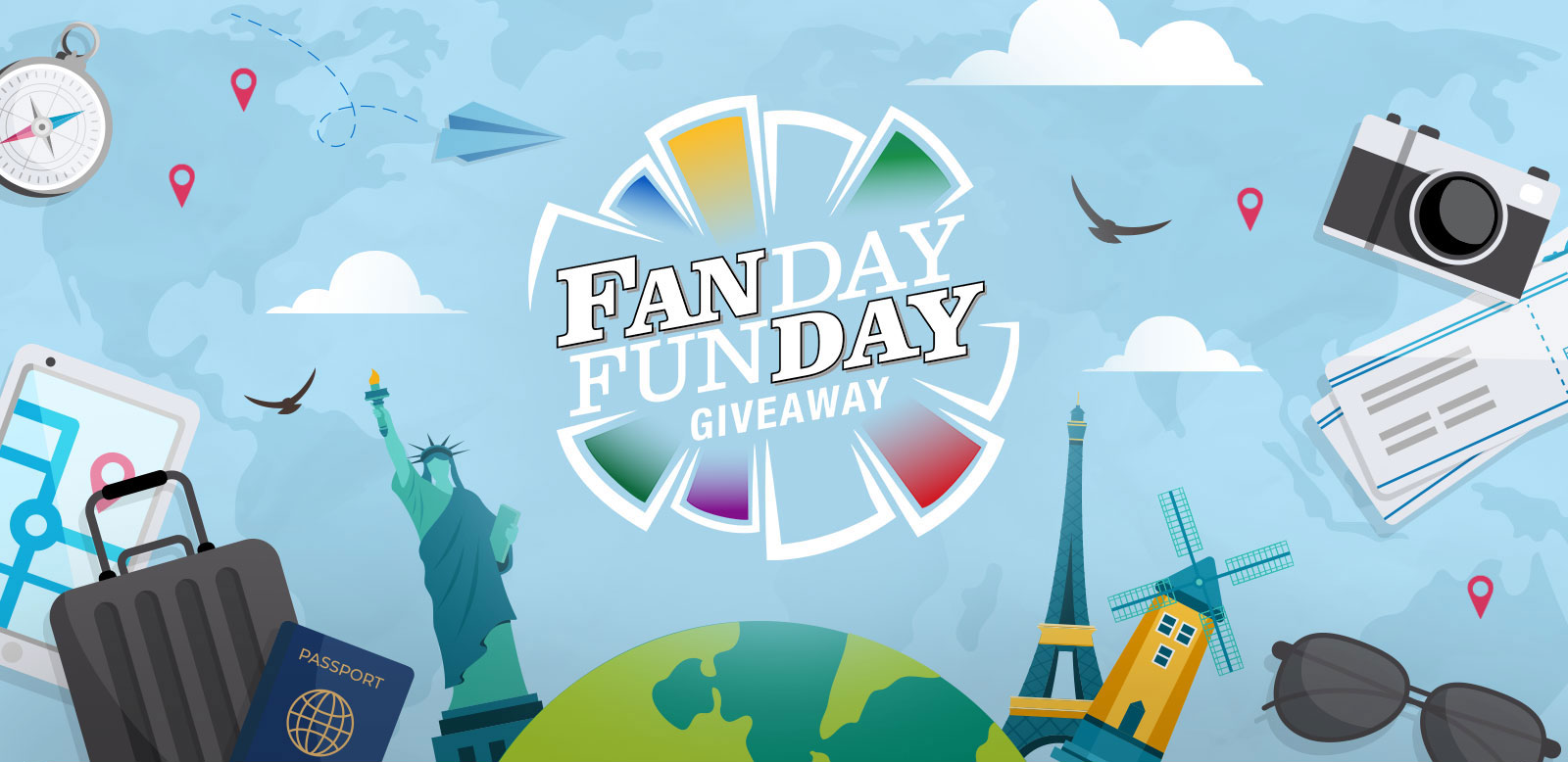 Fanday Funday Giveaway Logo with travel images (Statue of Liberty, Camera, Eiffel Tower, Sunglasses, etc.)