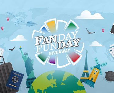 Fanday Funday Giveaway Logo with travel images (Statue of Liberty, Camera, Eiffel Tower, Sunglasses, etc.)