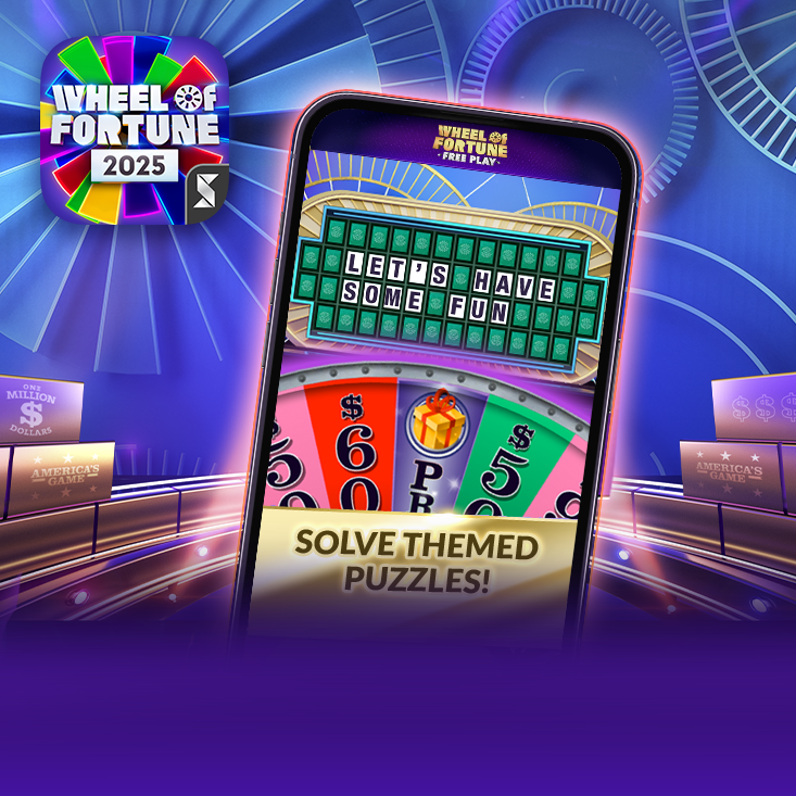 Wheel of Fortune 2025 Game logo and mobile game play.
