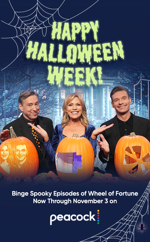 Jim, Ryan and Vanna with their Pumpkins on the set of Wheel Caption Reads: Happy Halloween Week Binge Spooky Episodes of Wheel of Fortune Now Through November 3 on Peacock