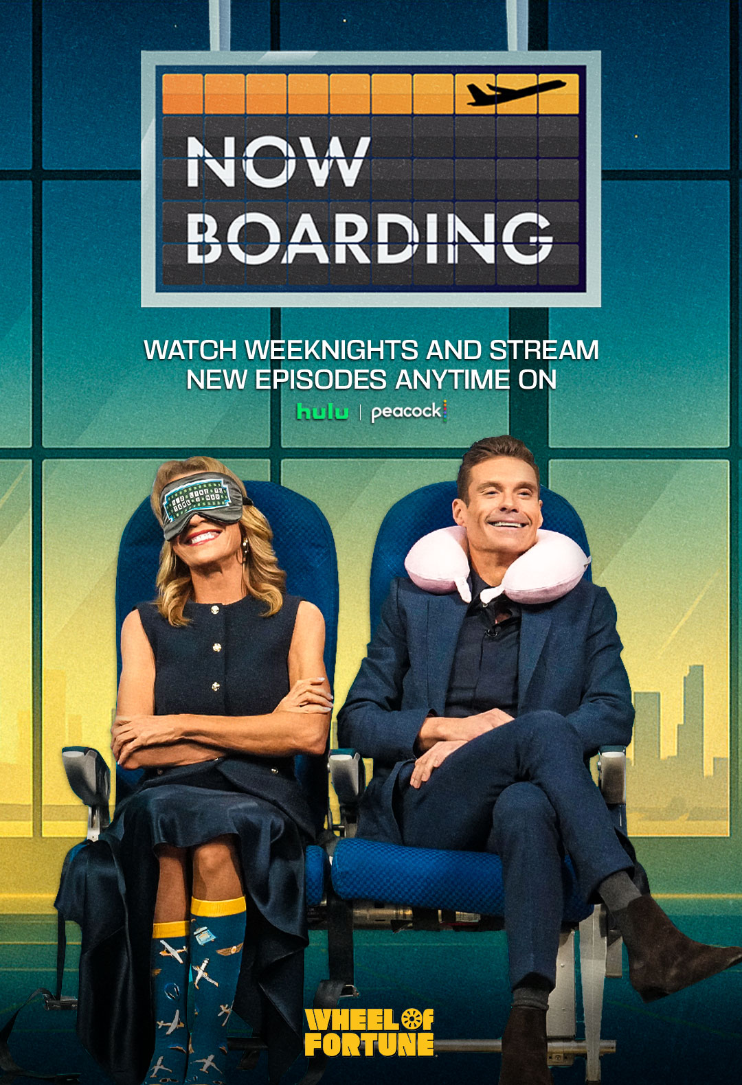Ryan and Vanna on Airplane Seats resting for Travel at an Airport. Text Reads, " Now Boarding, watch weeknights and stream new episodes anytime on Hulu and Peacock."