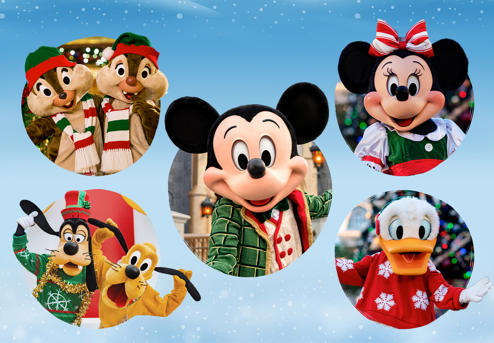 Photos of Disney Characters over a snowy background: Mickey Mouse, Chip and Dale, Goofy and Pluto, Minne Mouse, Donald Duck