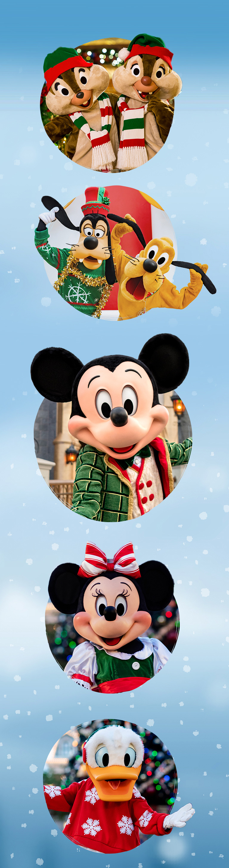 Photos of Disney Characters over a snowy background: Mickey Mouse, Chip and Dale, Goofy and Pluto, Minne Mouse, Donald Duck