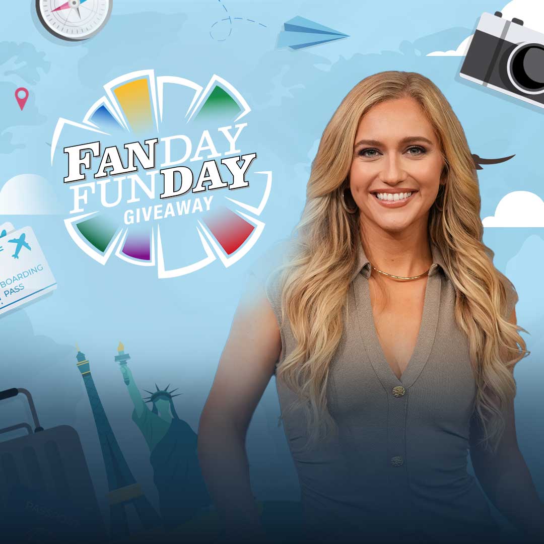 Fanday Funday Giveaway Logo with travel images (Statue of Liberty, Camera, Eiffel Tower, Sunglasses, etc.) and Maggie Sajak
