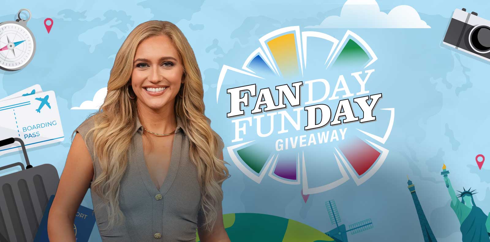 Fanday Funday Giveaway Logo with travel images (Statue of Liberty, Camera, Eiffel Tower, Sunglasses, etc.)