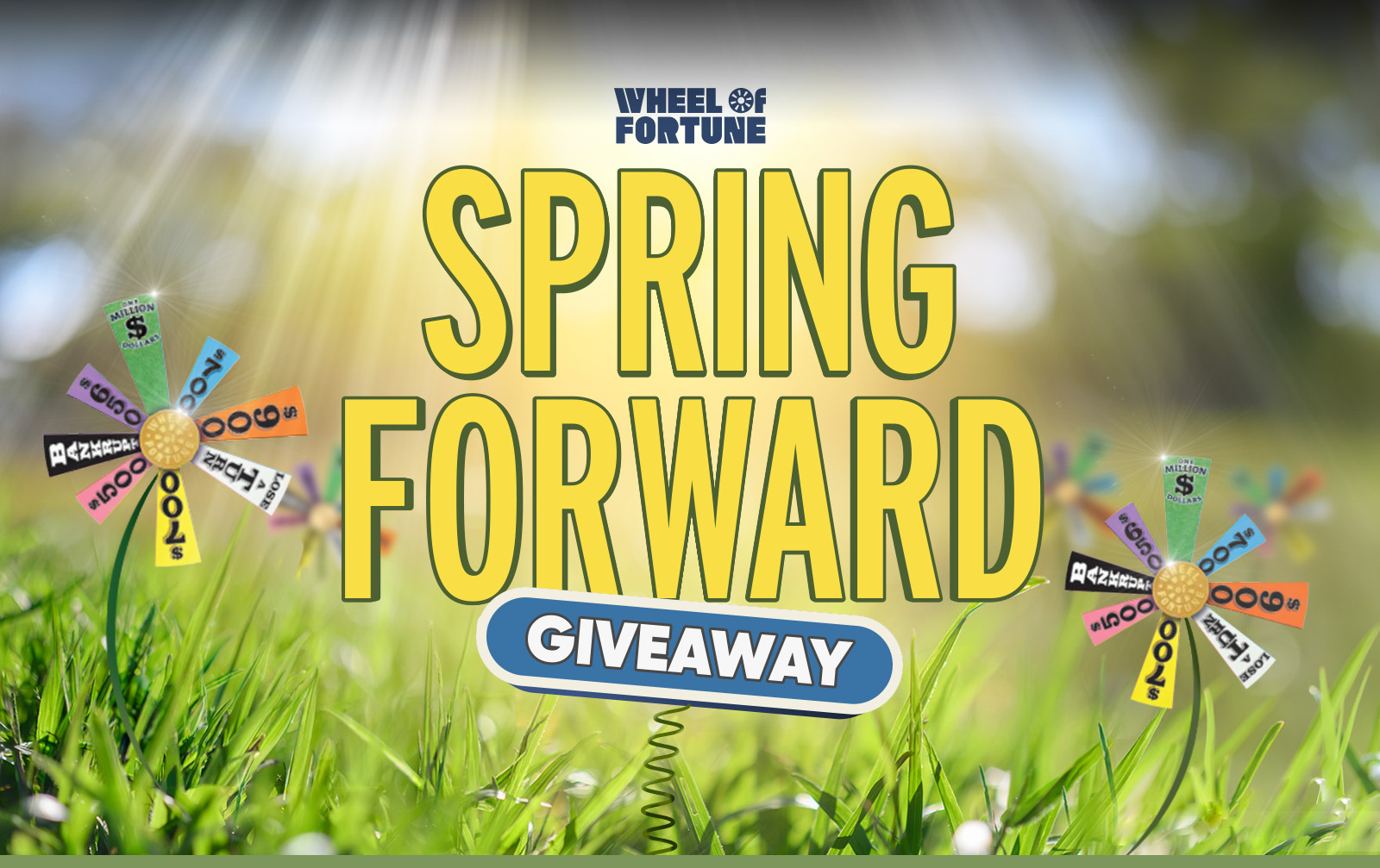 Wheel of Fortune Spring Forward Giveaway text over grass and wheel of fortune flowers