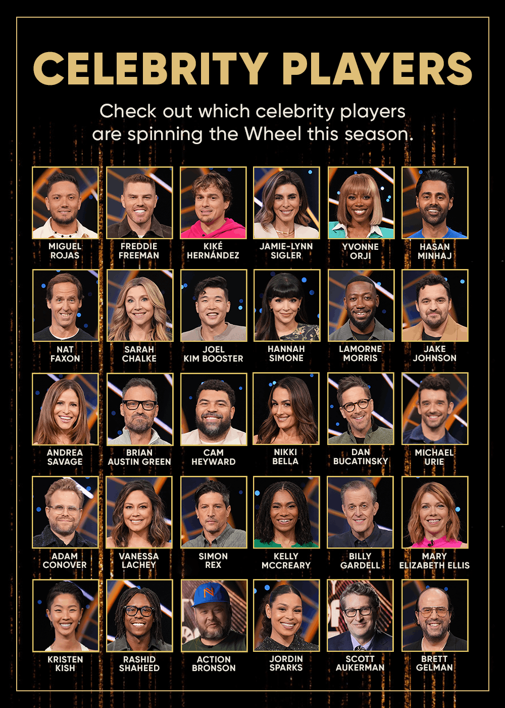 CELEBRITY PLAYERS Check out which celebrity players are spinning the Wheel this season. MIGUEL ROJAS FREDDIE FREEMAN KIKER HERNANDEZ JAMIE-LYNN SIGLER DAN BUCATINSKY NIKKI BELLA MICHAEL URIE YVONNE ORJI HASAN MINHAJ ADAM CONOVER VANESSA LACHEY SIMON! REX NAT FAXON SARAH CHALKE JOEL KIM BOOSTER KELLY MCCREARY BILLY GARDELL MARY ELIZABETH ELLIS N HANNAH SIMONE LAMORNE MORRIS JAKE JOHNSON KRISTEN KISH RASHID SHAHEED ACTION BRONSON ANDREA SAVAGE BRIAN AUSTIN GREEN CAM HEYWARD JORDIN SPARKS SCOTT AUKERMAN BRETT 