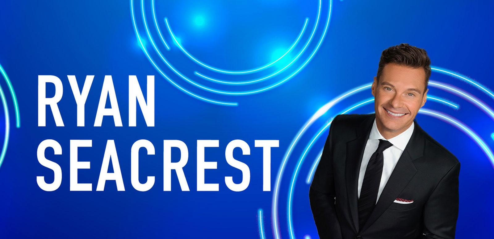Host Ryan Seacrest on top of a blue background. 