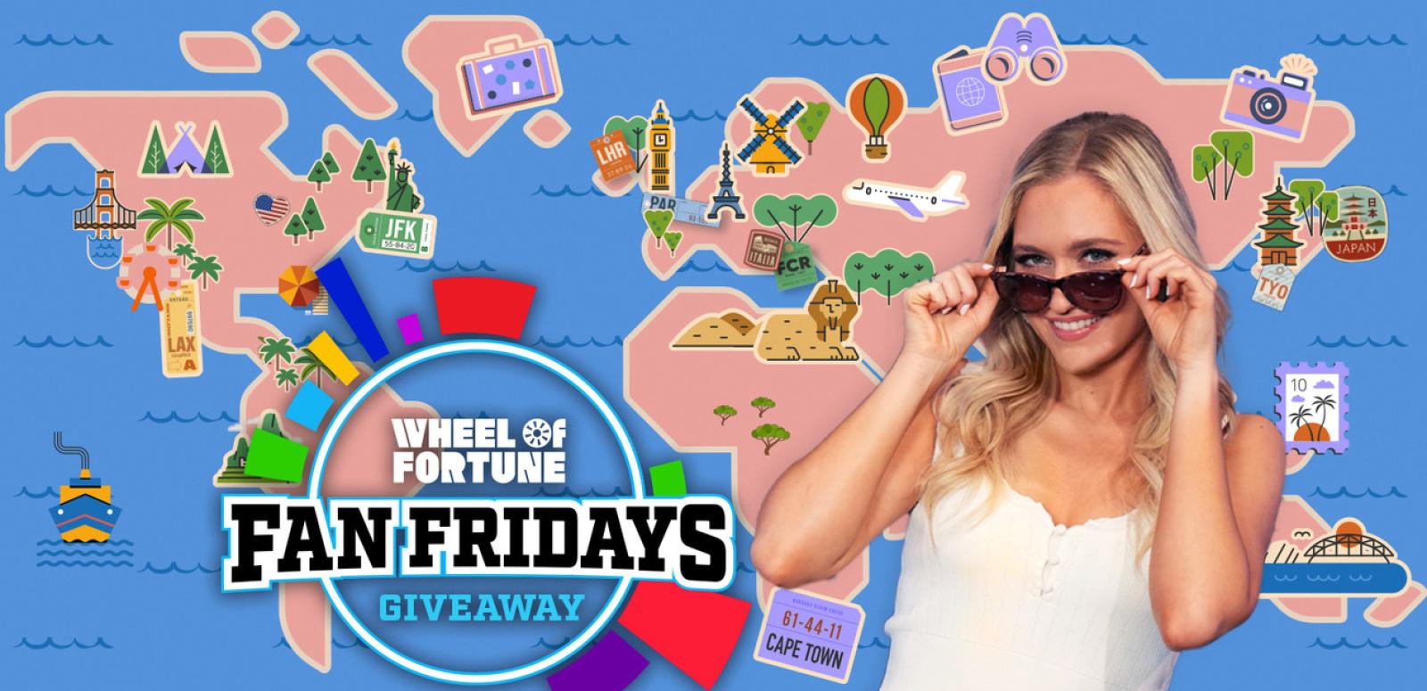 Wheel of Fortune Fan Fridays Givewaway - Maggie Sajak in a white dress with sunglasses over a global map. 